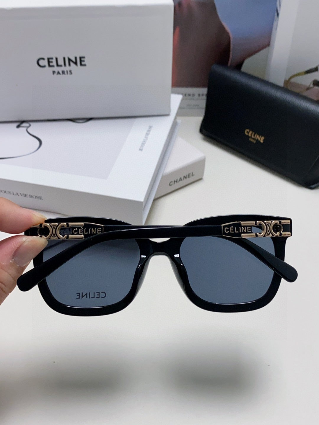 CELINE TRIOMPHE SUNGLASSES  573252 IN BLACK ACETATE METAL LOGO