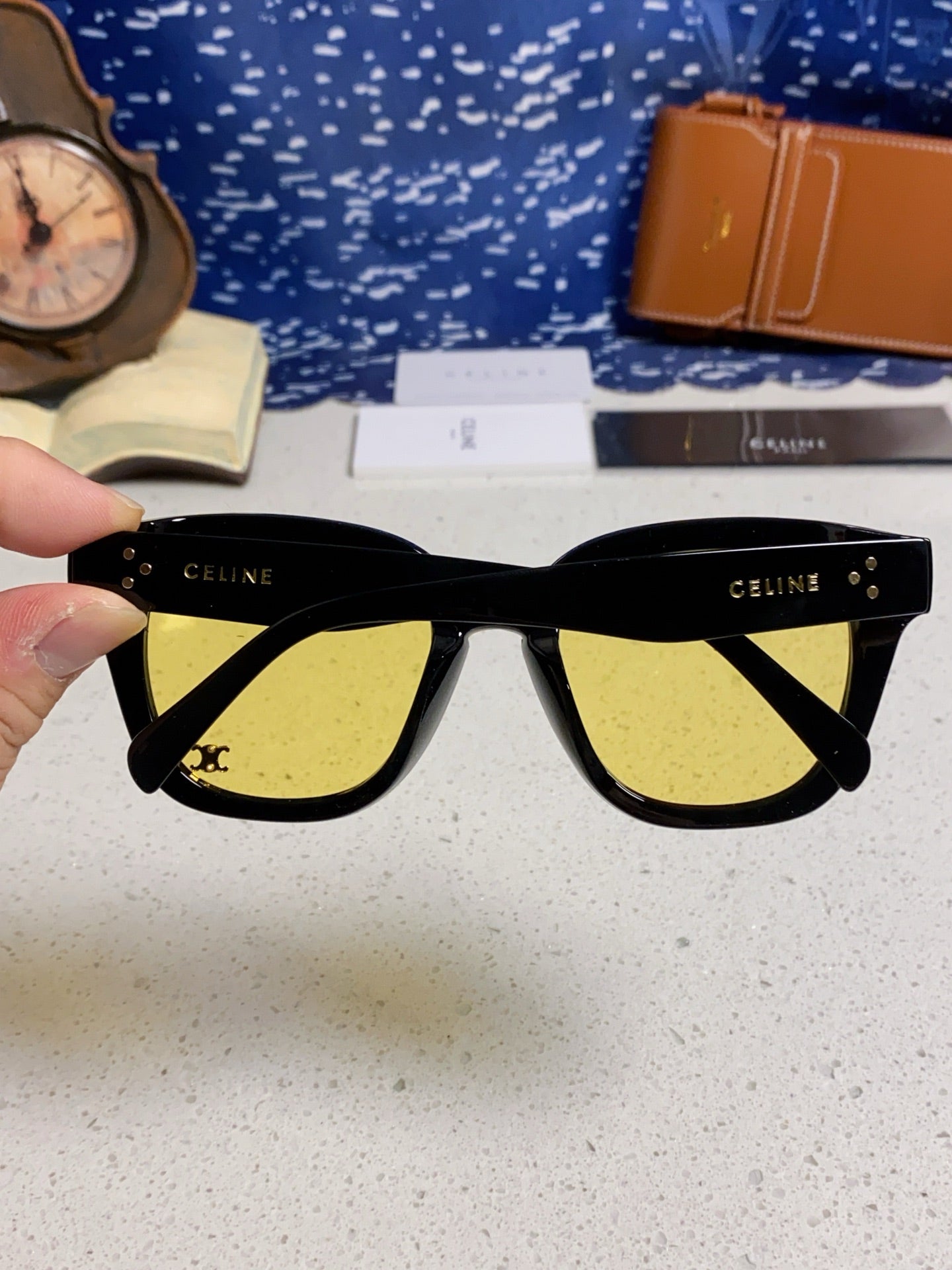 CELINE SQUARE SUNGLASS 575840 IN BLACK ACETATE GREEN LENSES