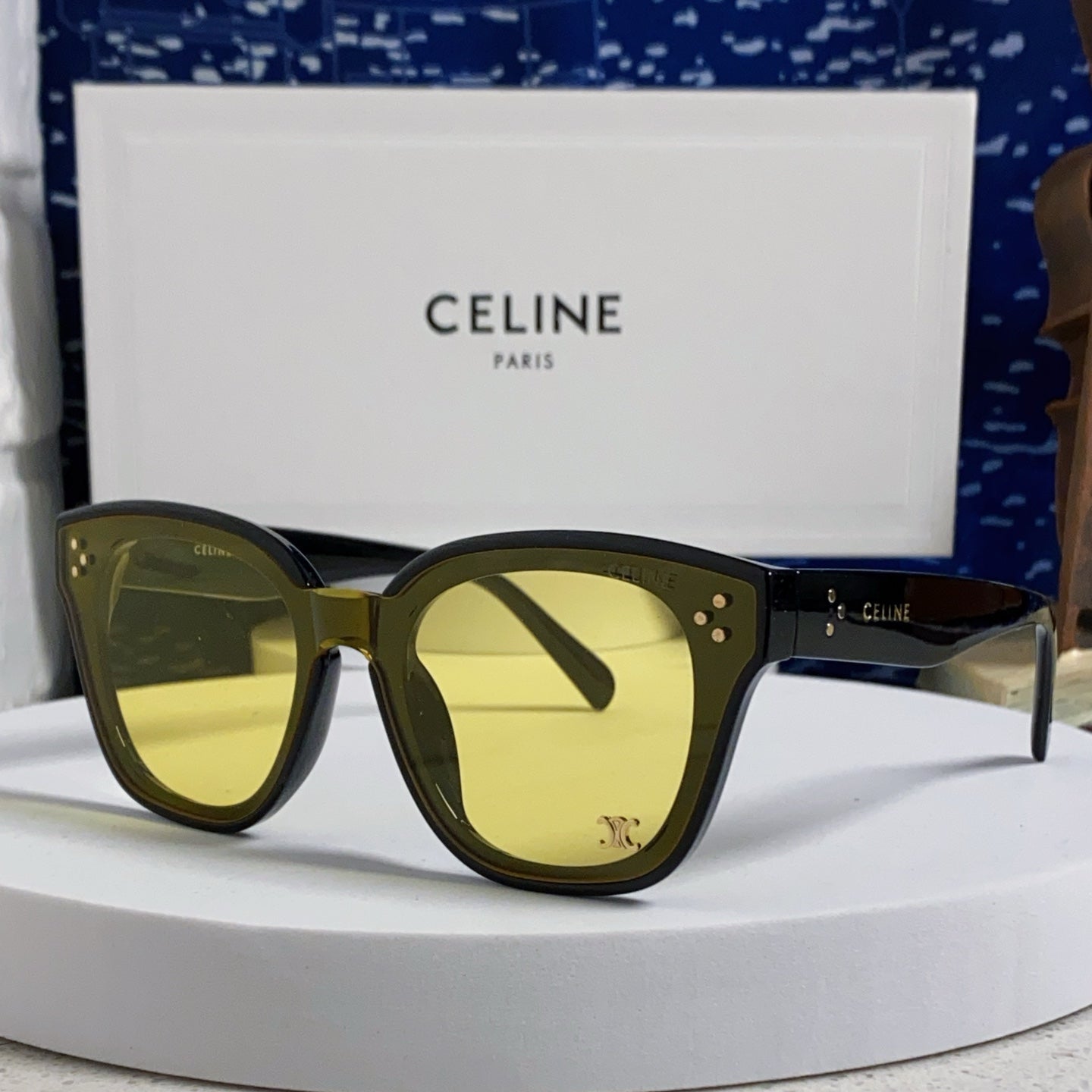 CELINE SQUARE SUNGLASS 575840 IN BLACK ACETATE GREEN LENSES
