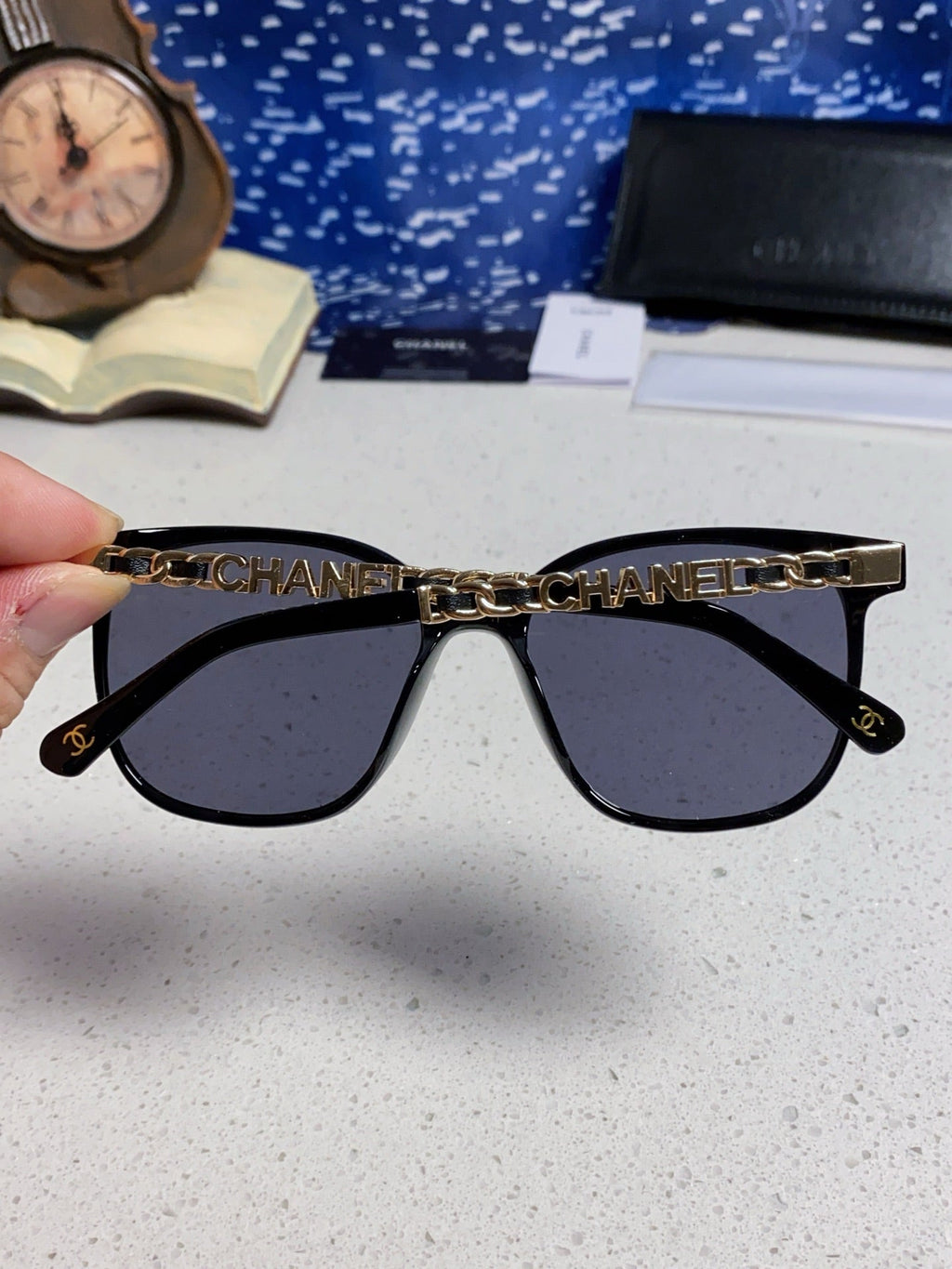 CHANEL SQUARE SUNGLASSES 632033 IN BLACK ACETATE BLACK LENSES